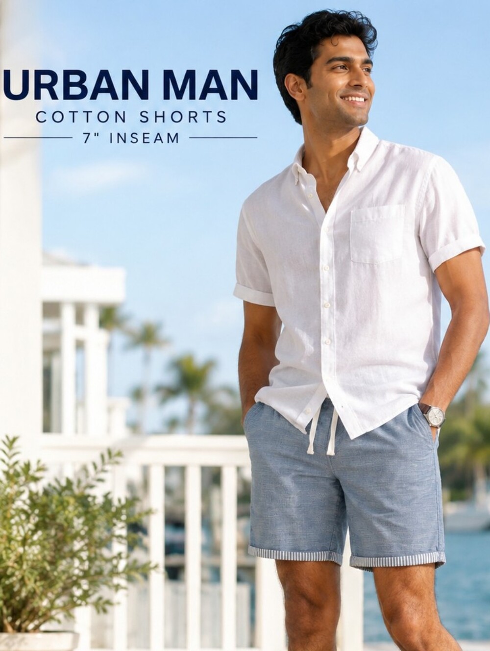 URBAN MAN Cotton denim twill contrasting cuff shorts/ drawstring waist SZ 32